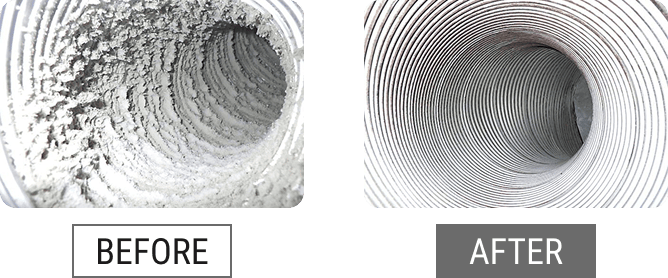 排気ダクト内クリーニング前後の一例（左：BEFORE／右：AFTER）